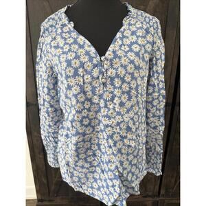 St. John's Bay Womens Pullover V-Neck Floral Blouse Long Sleeve Size Small Blue